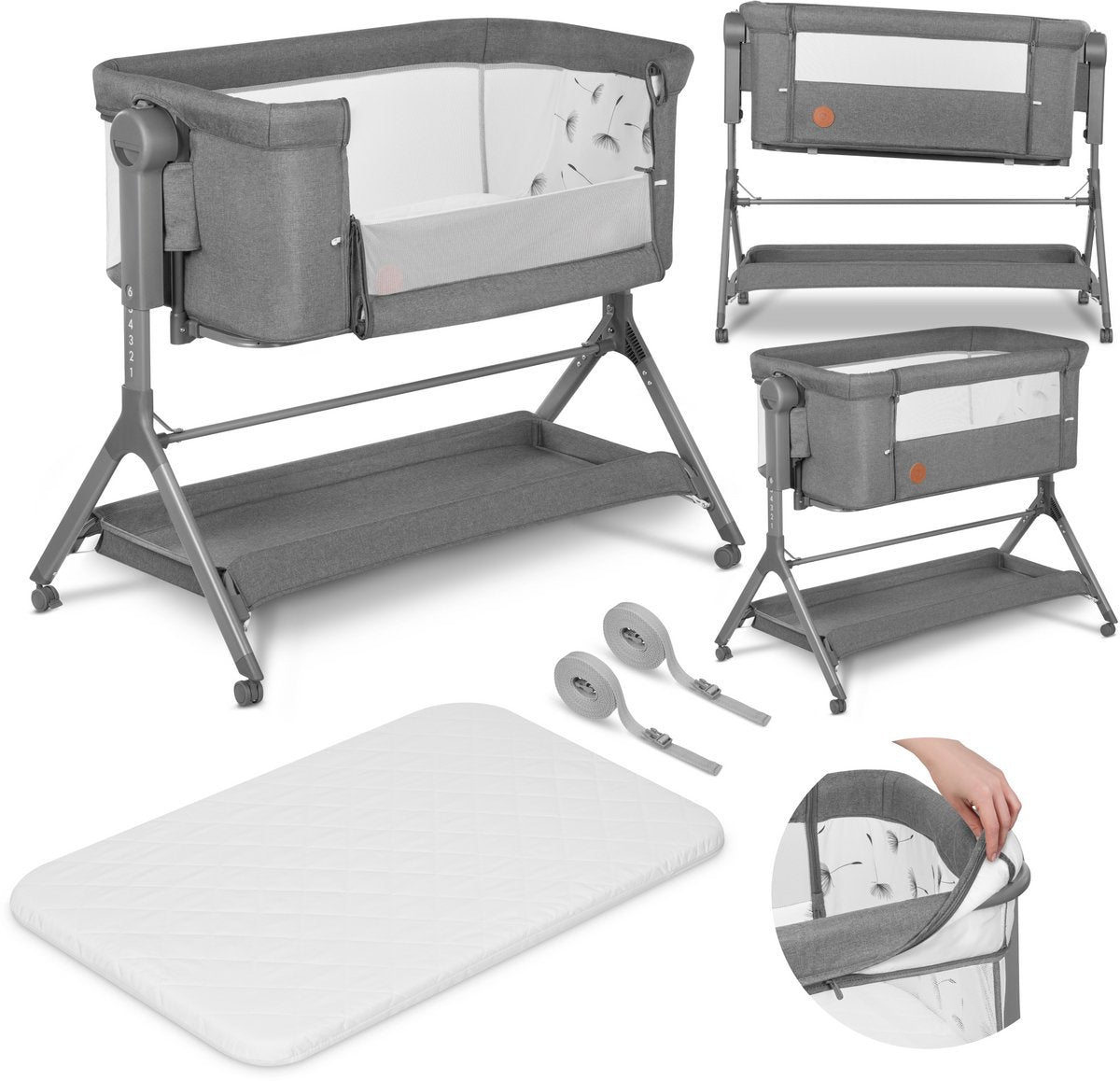 Lionelo leonie plus - co-sleeper 3 in 1 wieg en babybed – kinderbed tot 9 kg – hoogteverstelling in 6 niveaus – schommelfunctie – t25 matras – opbergmand – wielen – afneembare hoezen