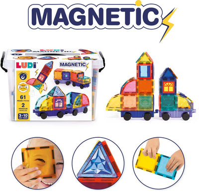 Ludi - magnetische panelen - magnetic tiles - thema voertuigen - 61 stukjes
