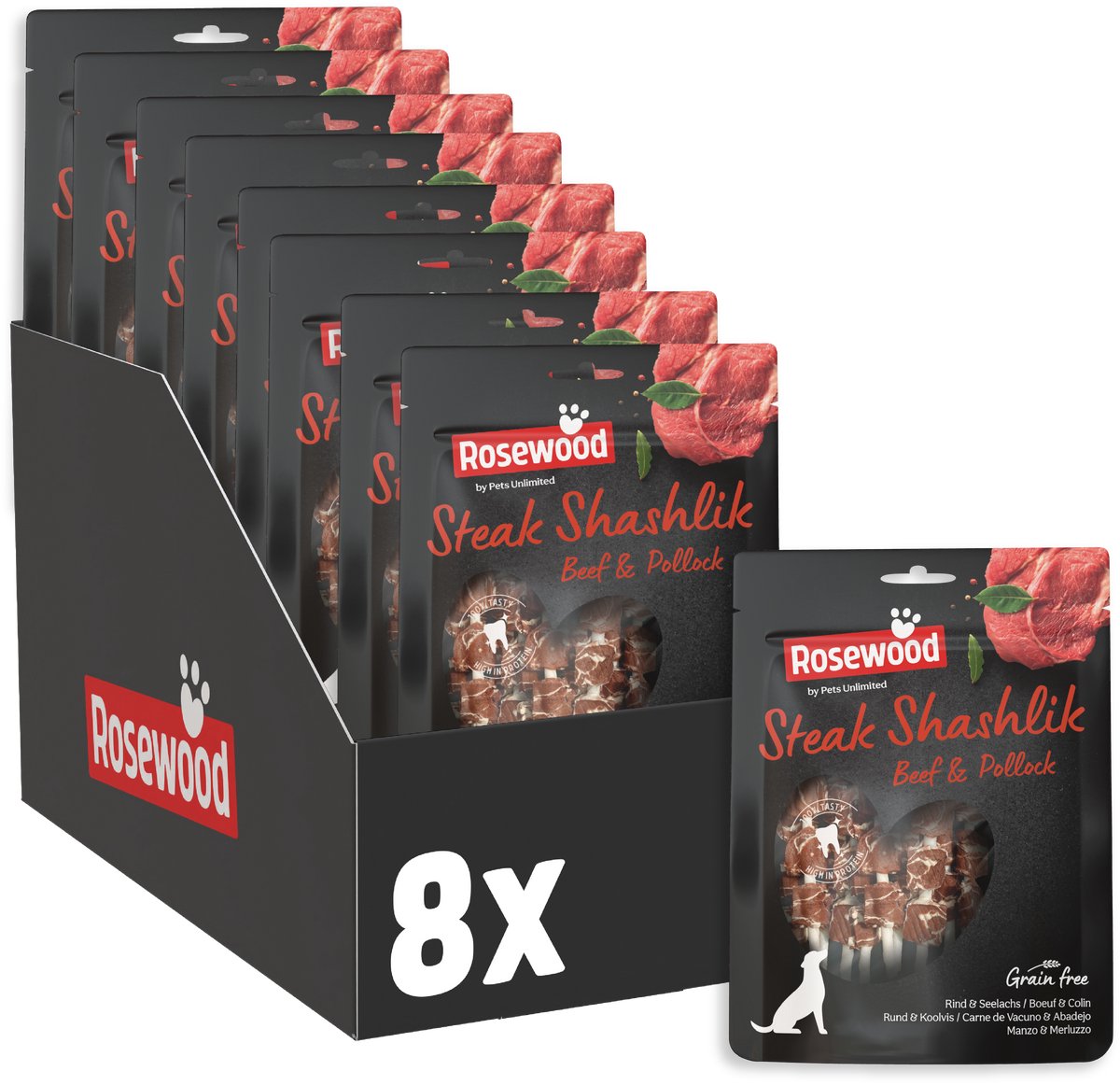 Rosewood steak shashlik rund koolvis - hondensnack - met runderhuid, rund vis - proteïnerijk - zonder kunstmatige toevoegingen - 8 zakjes à 100g