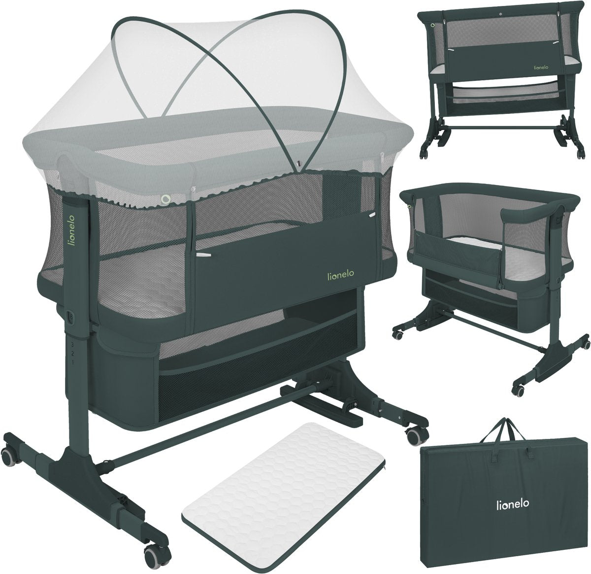 Lionelo jodie 3in1 wieg – aanschuifbed, vrijstaand bedje schommelwieg – co-sleeper - 6 hoogtestanden – t25 matras – neerklapbare zijde – inclusief klamboe mand