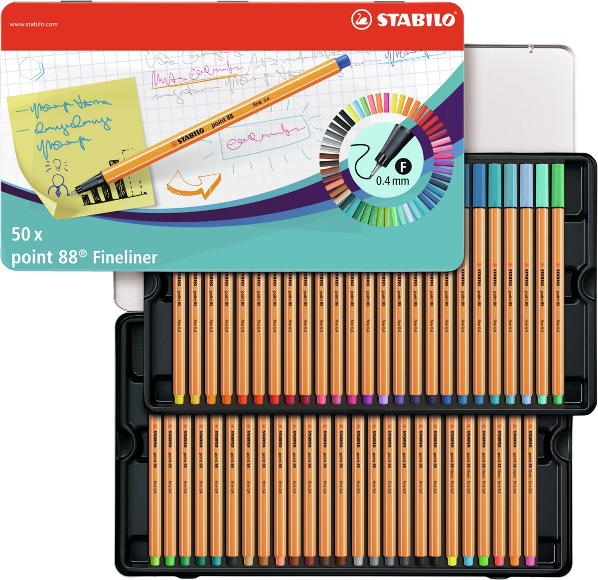 Stabilo point 88 - fineliner 0,4 mm - 50 stuks metalen etui - met 47 verschillende kleuren