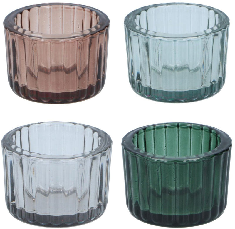 Arti casa waxinelichtjeshouders set van 4 stuks - glas - rond model - modern design - diameter 5,5 cm x hoogte 3,5 cm - meerkleurig: lichtblauw, donkergroen en lichtgrijs