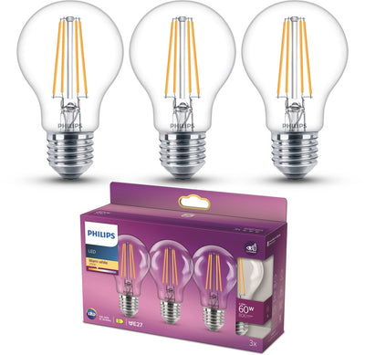 Philips led lamp - standaard lampvorm met e27 fitting - warmwit licht: 2700k - 60w - helder glas - 3-pack