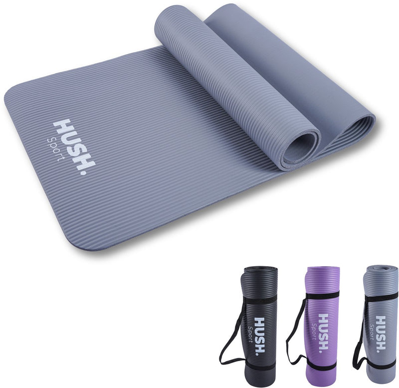 Hush sport - yogamat - 180x60cm - dempend nbr - voor yoga, pilates fitness - inclusief handige draagband - 8 mm dik - lichtgewicht oprolbaar - grijs