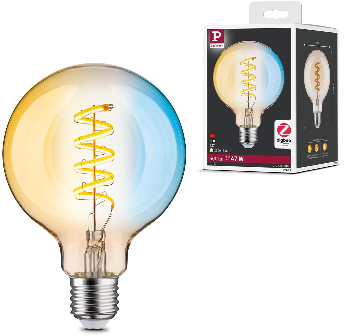 Paulmann filament 230 v smart home zigbee 3.0 led globe g95 e27 600lm 7,5w tunable white dimbaar goud