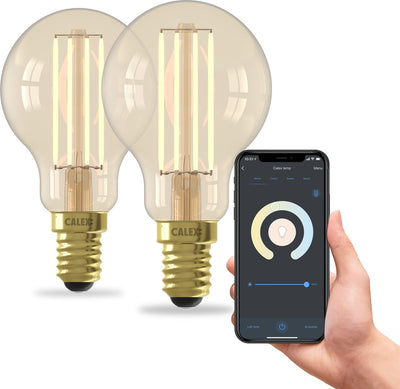 Calex slimme lamp - set van 2 stuks - wifi led filament verlichting - e14 - smart bulb goud - dimbaar - warm wit licht - 4,5w