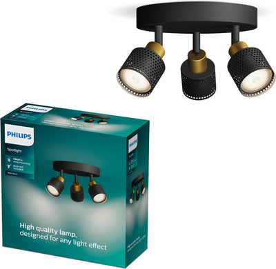 Philips led philips niall spot - plafondspot met drie lichtpunten - zwart met goud design - gu10 led fitting - ronde basisplaat