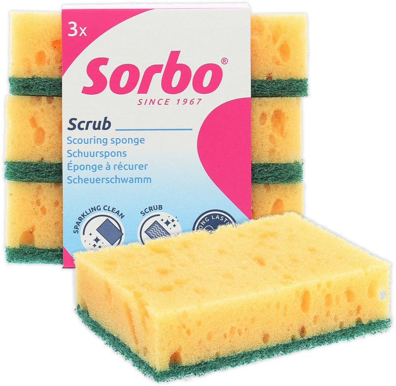 Sorbo schuurspons extra sterk – set van 3 stuks – voor hardnekkig vuil, vet kalkaanslag – krachtige duurzame schoonmaakspons – geel