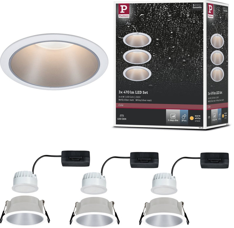 Paulmann led-inbouwlamp 3-step-dim cole coin set van 3 ip44 rond 88 mm coin 3x6w 3x470lm 230v dimbaar 2700k wit, zilver mat