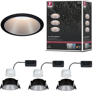 Paulmann led-inbouwlamp 3-step-dim cole coin set van 3 ip44 rond 88 mm coin 3x6w 3x470lm 230v dimbaar 2700k zwart, zilver mat