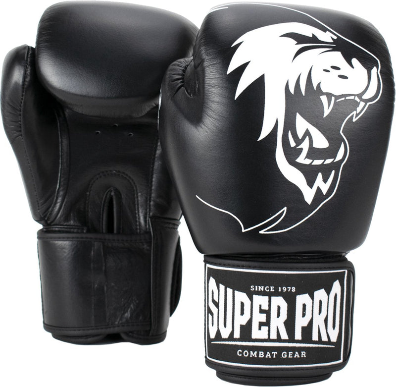 Super pro combat gear warrior lederen (kick)bokshandschoenen zwart wit 8oz