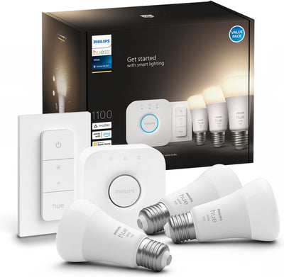 Philips hue starterkit - warmwit licht - 3 lampen - e27 - 1100lm - 1 dimmer switch