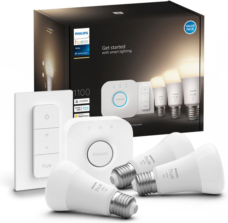Philips hue starterkit - warmwit licht - 3 lampen - e27 - 1100lm - 1 dimmer switch
