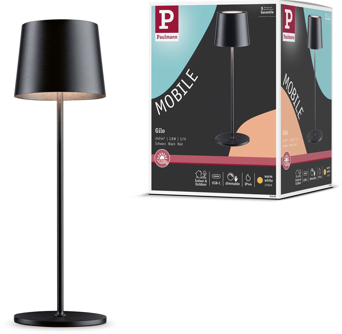 Paulmann acculamp gilo ip44 dimbaar 2700k zwart mat