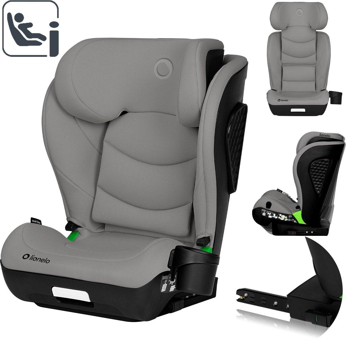 Lionelo neal i-size – autostoel 100-150 cm – isofix of autogordel – verstelbare hoofdsteun (10 standen) – kantelbare rugleuning (4 standen) – side impact protection – bekerhouder – epp eps schuim – afneembare hoes – comfortabel universeel
