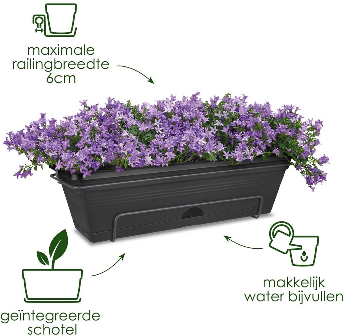 Elho green basics balkonbak allin1 70 - plantenbak voor balkon buiten - ø 68.5 x h 16.5 cm - living black