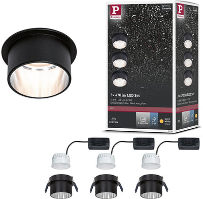 Paulmann led-inbouwlamp 3-step-dim gil coin basisset ip44 rond 68 mm coin 3x6w 3x470lm 230v dimbaar 2700k zwart mat, staal geborsteld