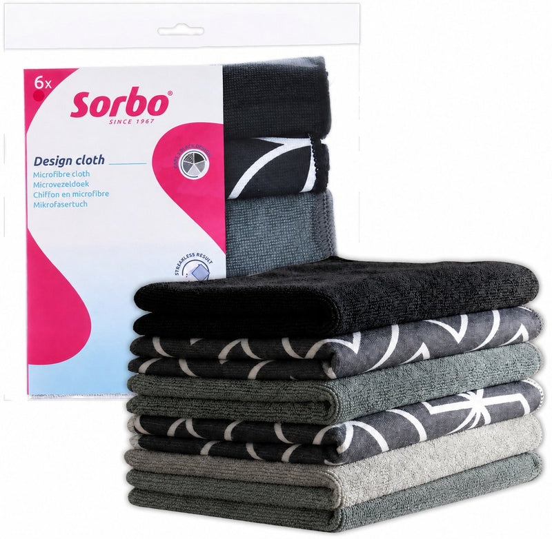 Sorbo microvezeldoeken grijs en zwart - 6 stuks - streeploos en vetvrij - schoonmaakdoeken