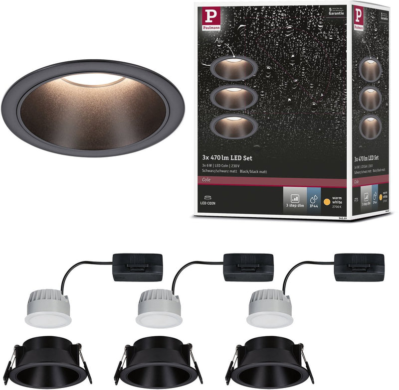 Paulmann led-inbouwlamp 3-step-dim cole coin set van 3 ip44 rond 88mm coin 3x6w 3x470lm 230v dimbaar 2700k zwart