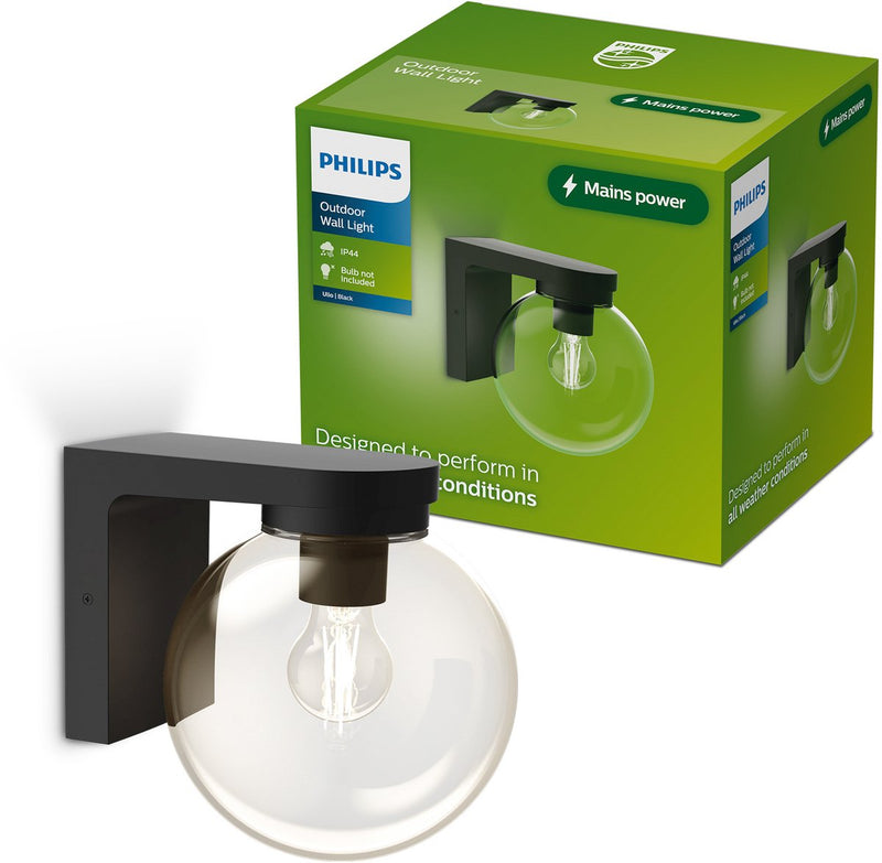 Philips led philips ulio wandlamp - buitenverlichting - e27-fitting - weerbestendig: ip44 - zwart - hoogwaardig aluminium en glas - modern design