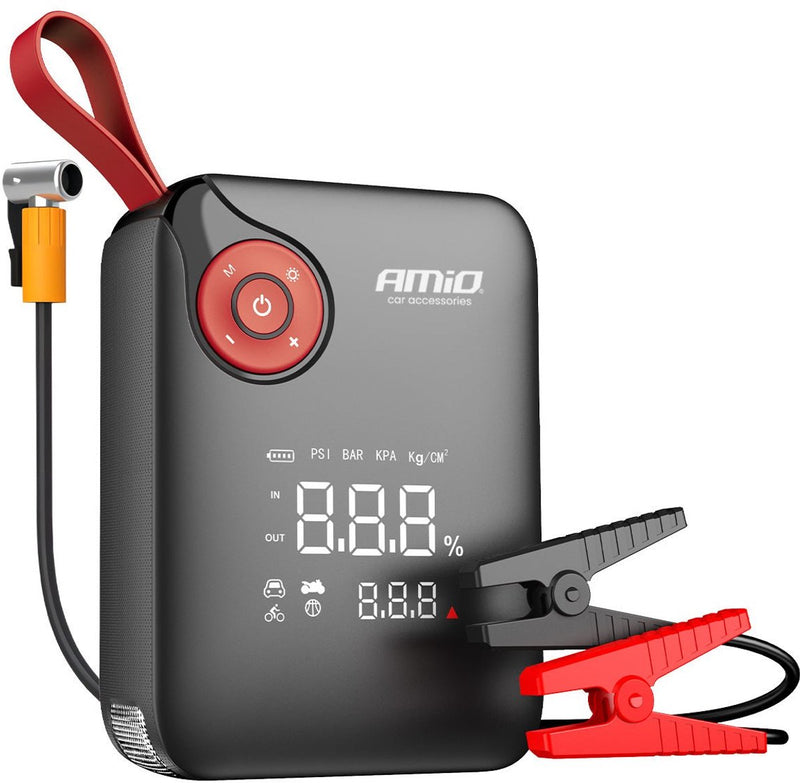 Amio portable mini 4-in-1 jump starter – powerbank 12v 600a met air compressor en led zaklamp – draagbare startbooster auto – smart battery booster