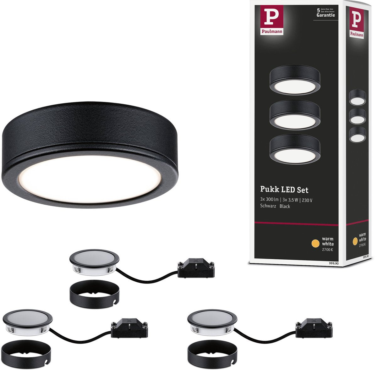 Paulmann pukk led onderkastverlichting set - 3 x 210 lm - 2700k warmwit - rond zwart
