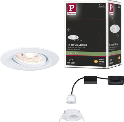 Paulmann led-inbouwlamp nova mini coin enkele lamp zwenkbaar rond 66 mm 15° coin 4w 310lm 230v 2700k wit mat
