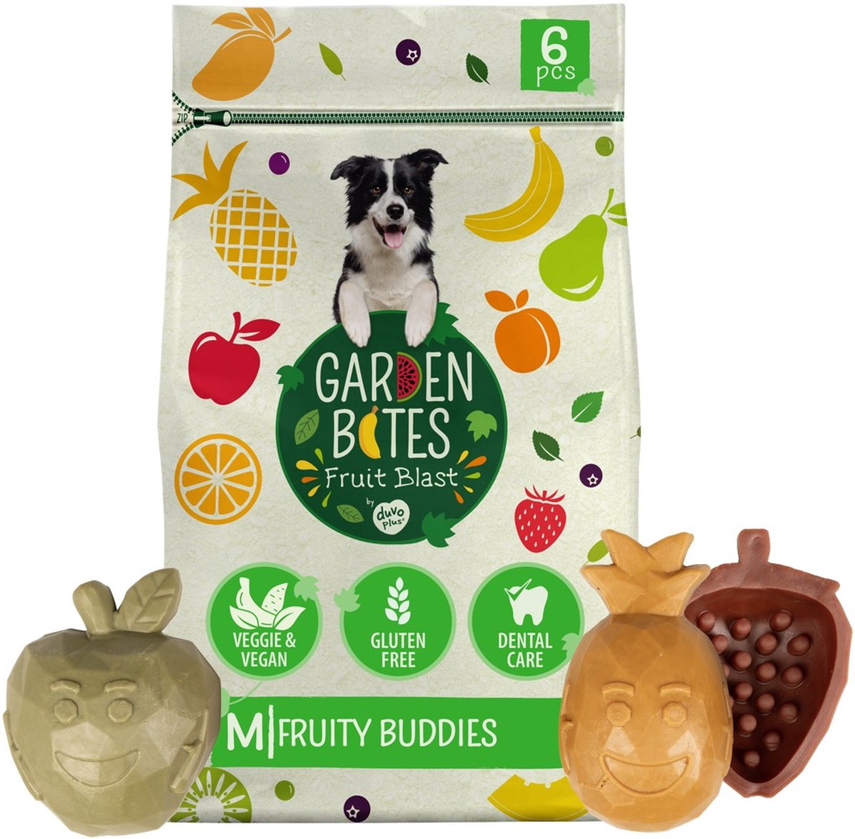 Garden bites duvoplus - fruity buddies hondensnacks - hondensnoepjes - vegetarisch glutenvrij - medium 6st