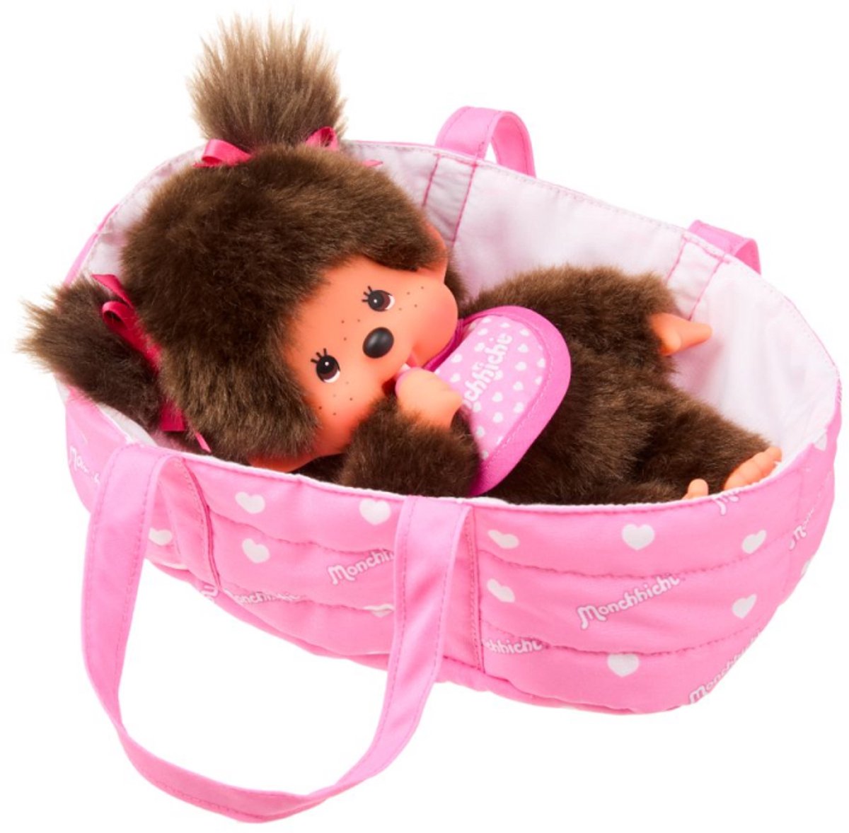 Monchhichi pluche pop met draagmand - 20 cm - schattig speelgoed.