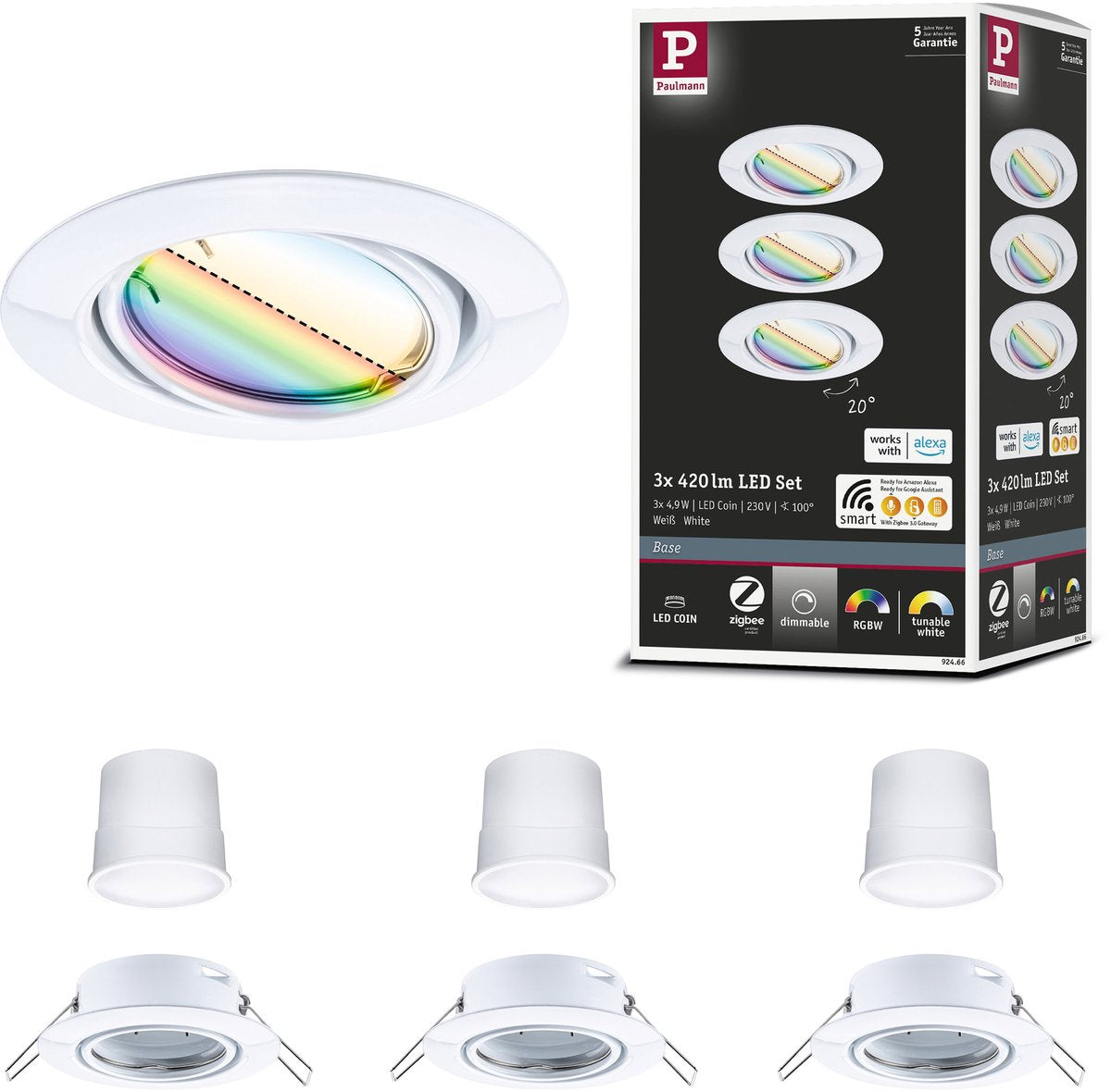 Paulmann led-inbouwlamp smart home zigbee 3.0 base coin basisset zwenkbaar rond 90 mm 20° coin 3x4,9w 3x420lm 230v dimbaar rgbw+ wit