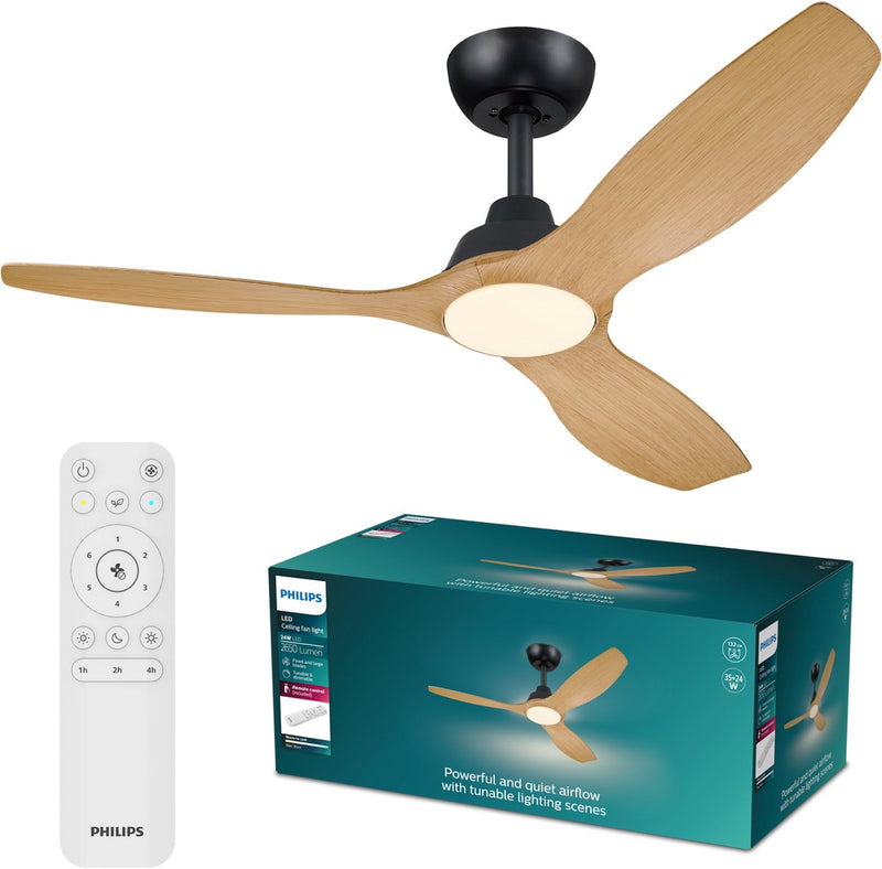 Philips led philips olas ventilator met led lamp - diameter: 132cm - instelbaar wit licht van 3000k tot 6500k - dimbaar tot 5% - inclusief afstandsbediening - 2650 lumen - zwart hout