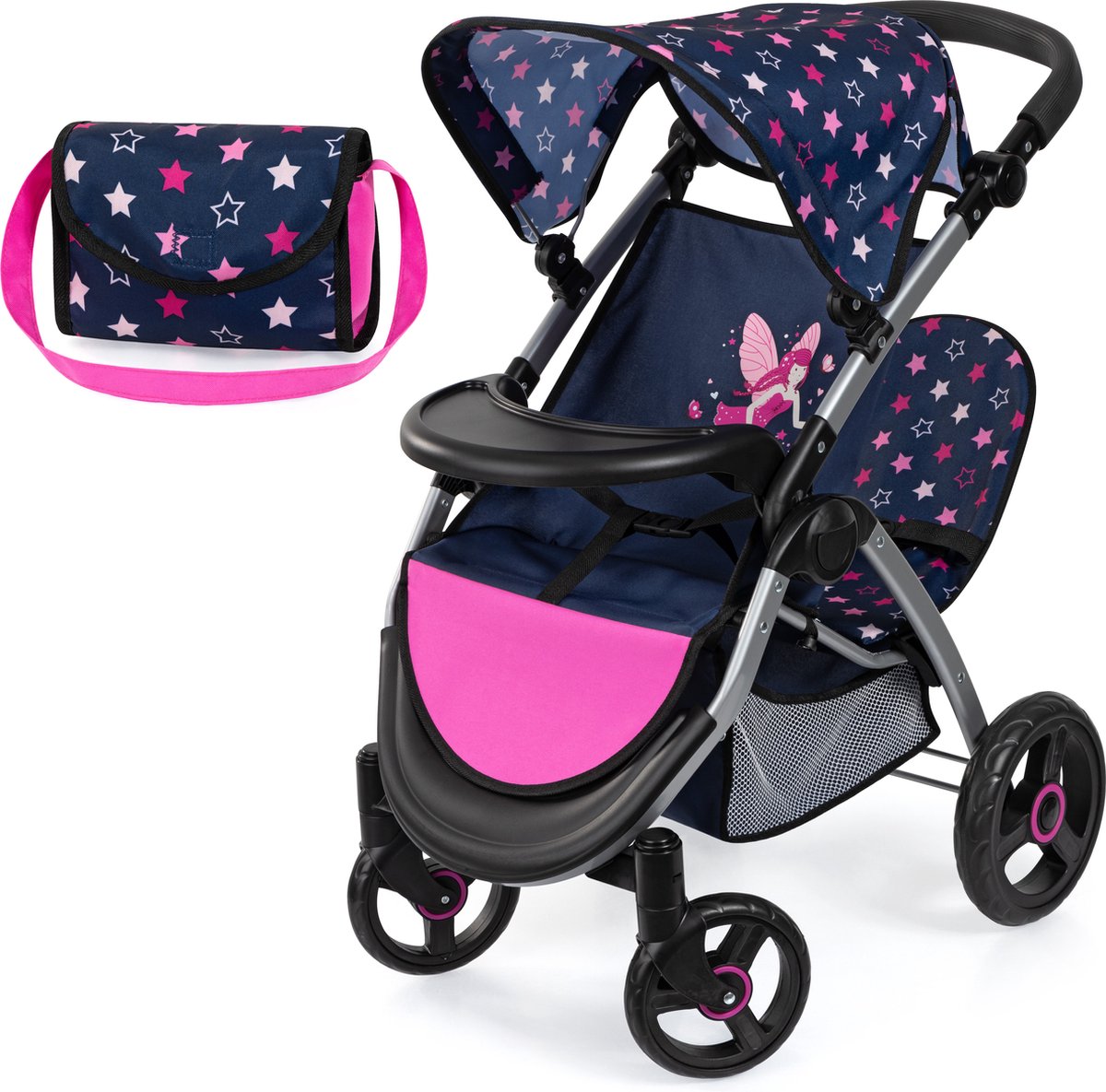 Bayer design tweeling poppenwagen twin xeo, dubbele poppenwagen, verstelbare duwstang, tas