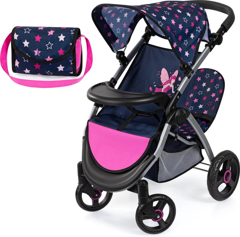 Bayer design tweeling poppenwagen twin xeo, dubbele poppenwagen, verstelbare duwstang, tas