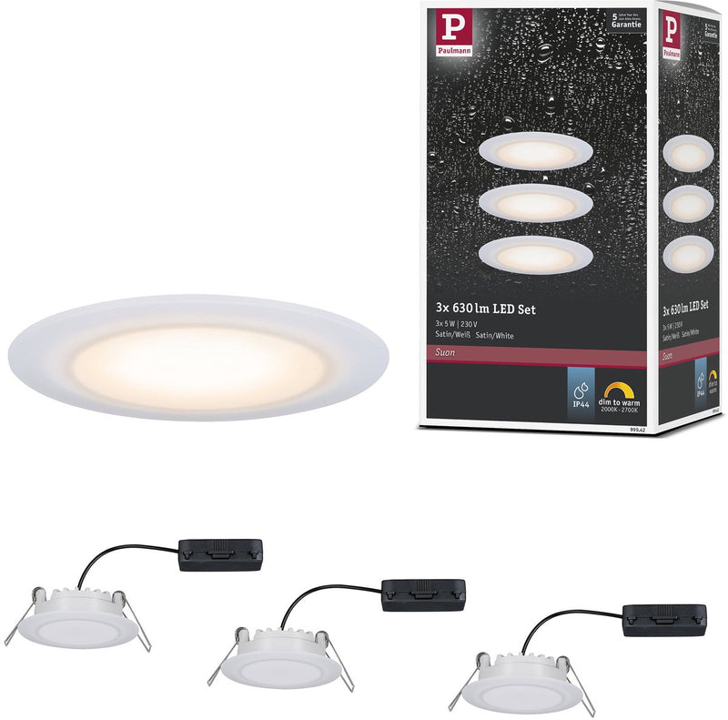 Paulmann premium led-inbouwlamp dim to warm suon basisset ip44 rond 90 mm 3x5w 3x450lm 230v dimbaar dim to warm satijn, wit