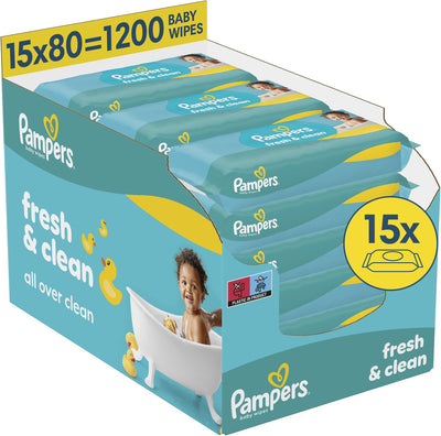 Pampers fresh clean - billendoekjes - zachte en frisse geur - ook voor handjes en gezichtje - 15 verpakkingen van 80 doekjes = 1200 babydoekjes