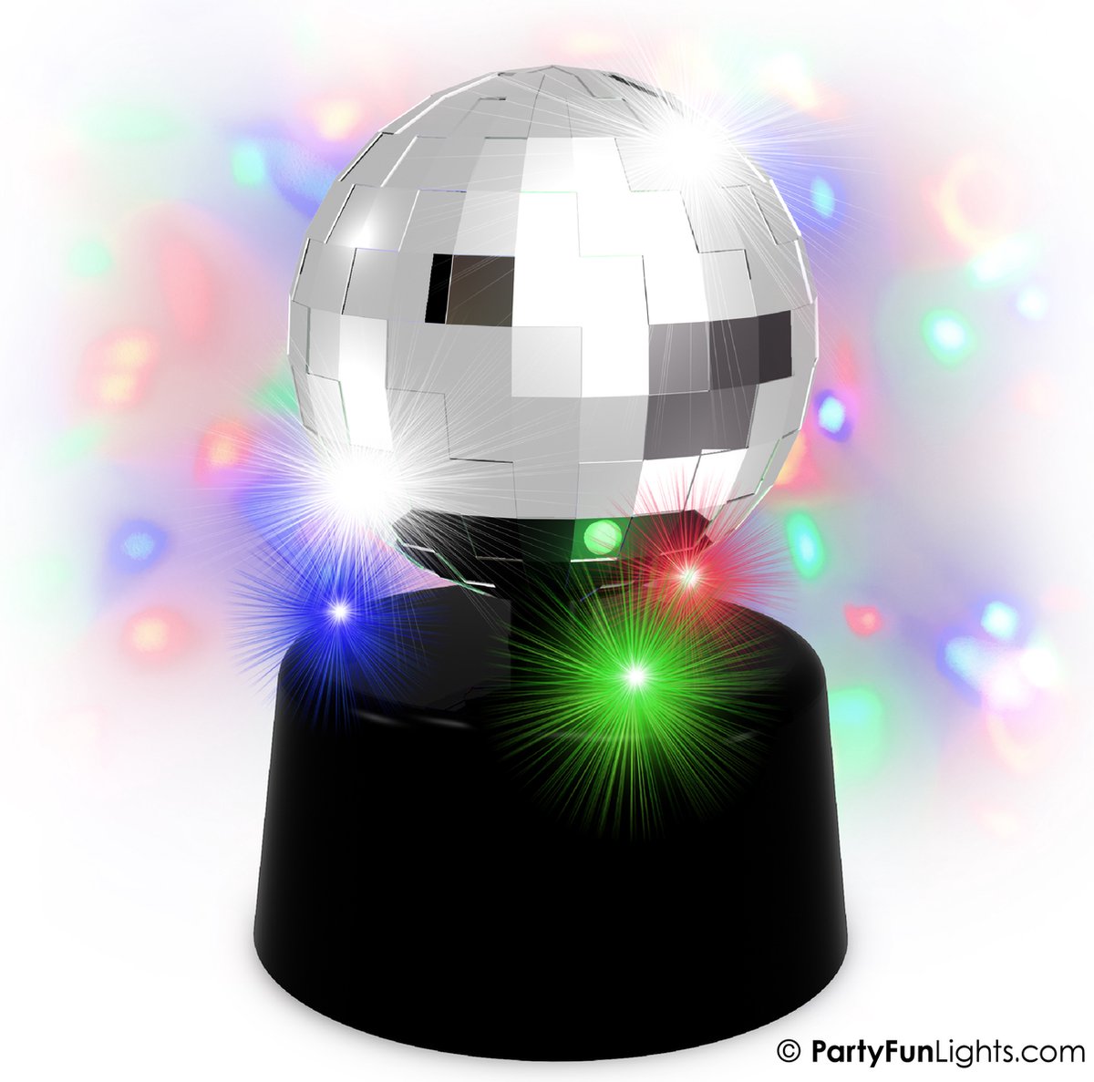 Partyfun lights tafellamp mini mirror disco led multi colour werkt op 3xaa batterijen en usb roterend
