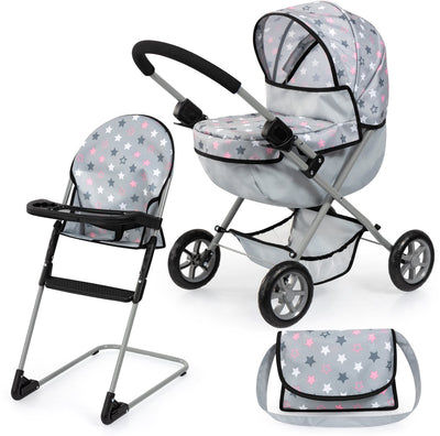 Bayer design cosy poppenwagen set, opvouwbaar, zachte handgreep, met kinderstoel, tas, grijs