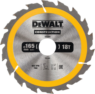 Dewalt cirkelzaagblad voor hout | construction | ø 165mm asgat 30mm 18t - dt1936-qz
