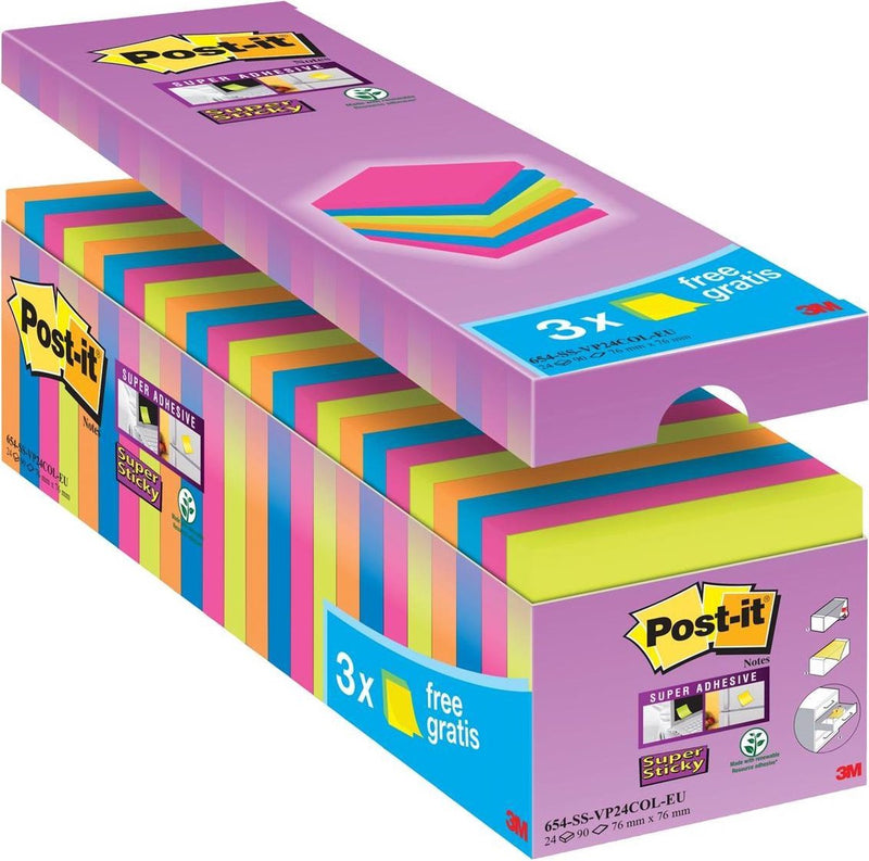 Post-it value pack: â® super sticky notes -neon oranje, neon groen, fuchsia, mediterraan blauw, 76mm x 76 mm, 21 blokken + 3 gratis