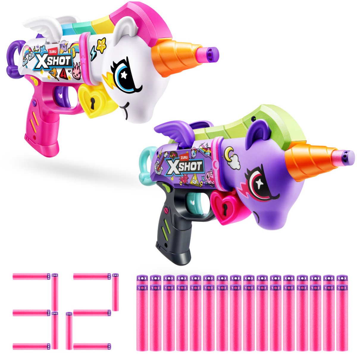 Xshot blastercorn witte en paarse set - zuru eenhoorn speelgoedblaster 2 -pack