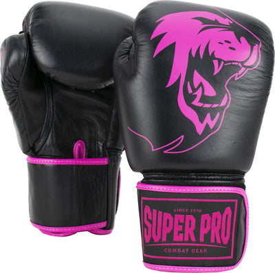 Super pro combat gear warrior lederen (kick)bokshandschoenen zwart roze 12oz