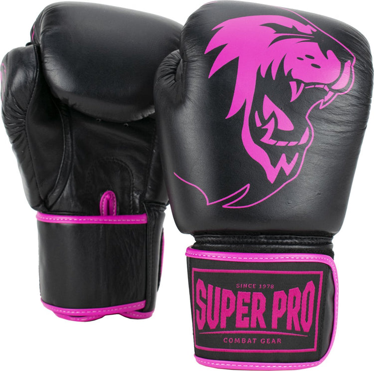 Super pro combat gear warrior lederen (kick)bokshandschoenen zwart roze 12oz