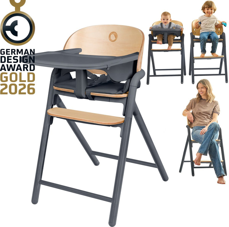 Lionelo celia 3-in-1 houten kinderstoel – van baby tot volwassene – verstelbare zitting voetsteun – 5-punts gordel – eco-leer bekleding – inclusief babyset eetblad – draagvermogen tot 110 kg