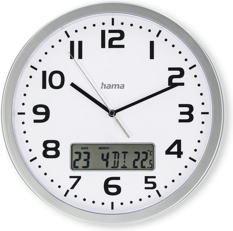 Hama wandklok- moorea- datum en temperatuurweergave- zilver