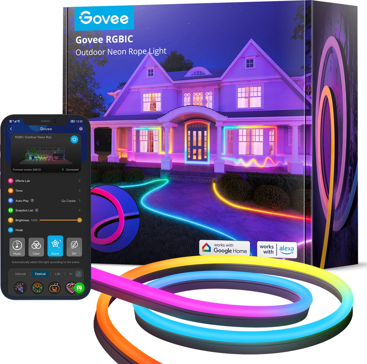 Govee rgbic outdoor neon strip light 10 m - buiten led strip - rgbic - app-bediening - alexa google