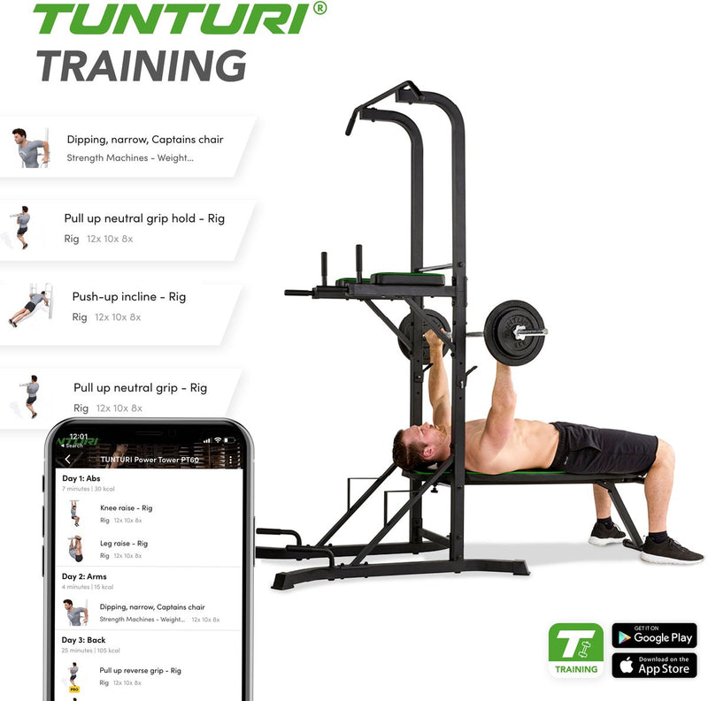 Tunturi pt60 power tower - pull up station - dip station - sit up - bankdrukken - incl. gratis fitness app