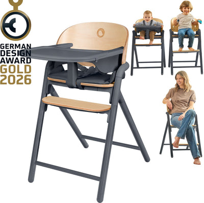Lionelo celia 3-in-1 houten kinderstoel – van baby tot volwassene – verstelbare zitting voetsteun – 5-punts gordel – eco-leer bekleding – inclusief babyset eetblad – draagvermogen tot 110 kg