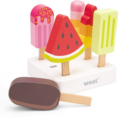 Woet ® houten ijsjes speelgoed - 6-delige kleurrijke ijsjes met standaard - speelgoedeten - rollenspel keukenspeelgoed ijskraam - vanaf 2 jaar