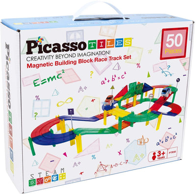 Picasso tiles tactic - constructiespeelgoed - magnetic tiles - magnetische tegels - race track - stem speelgoed - magnetische racebaan met 2 led auto's - 50-delig - vanaf 3 jaar