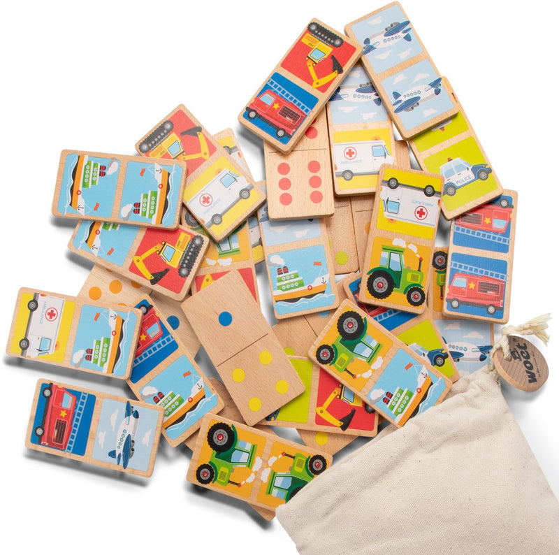 Woet ® houten domino spel met voertuigen - spelletjes voor kinderen - inclusief opbergzak - educatief speelgoed - vanaf 2 jaar
